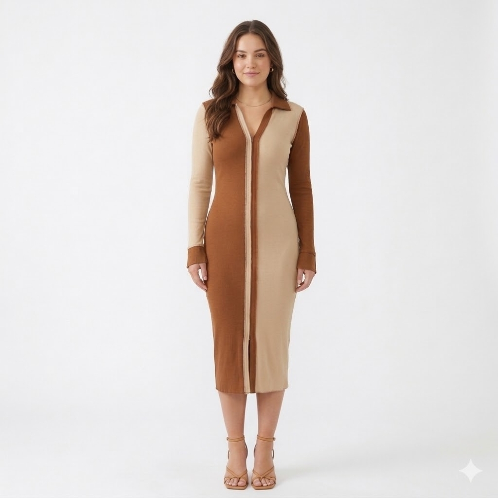 Two Tone Asymmetrical Tan and Camel Long Sleeve Ribbed Bodycon Dress With Collar